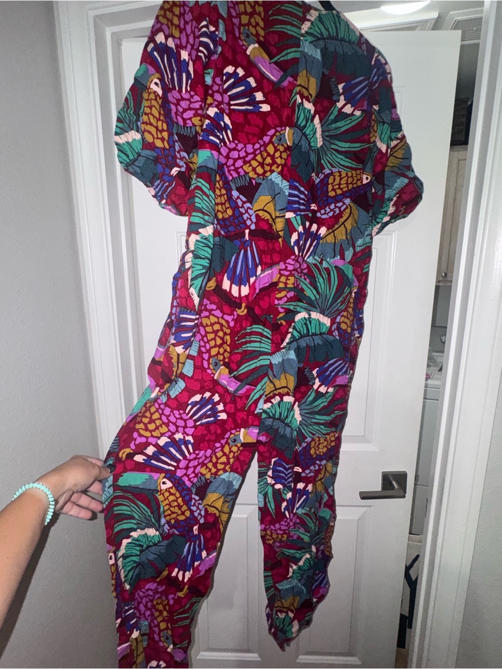 FARM RiO Toucan Brushedstroke Linen Blend Jumpsuit multi color size medium - Picture 10 of 11